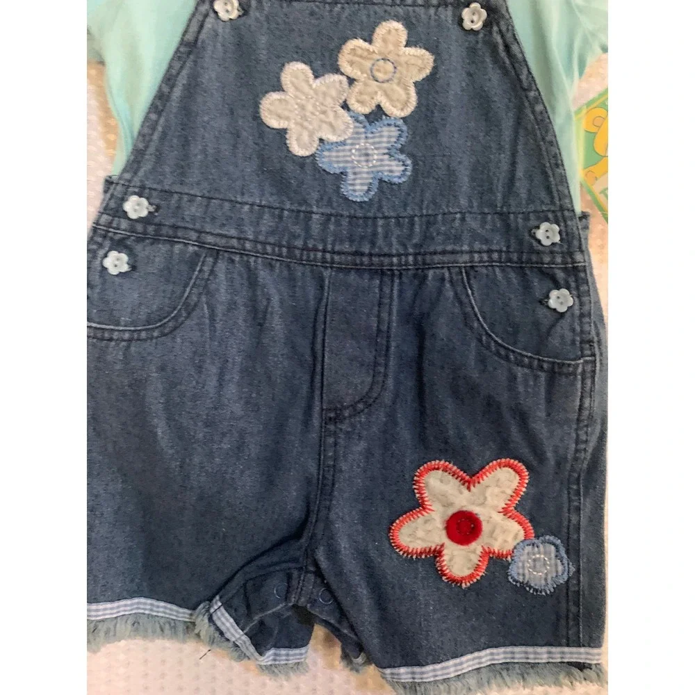Brooks Fitch Baby Girls 12M Denim Floral Overalls &‎ Mint T-Shirt 2pc Set NWT